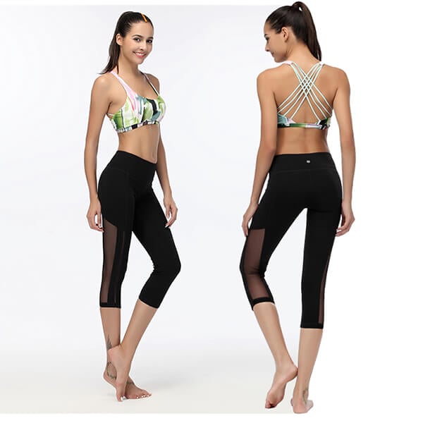 women sexy half length mesh panel yoga pants